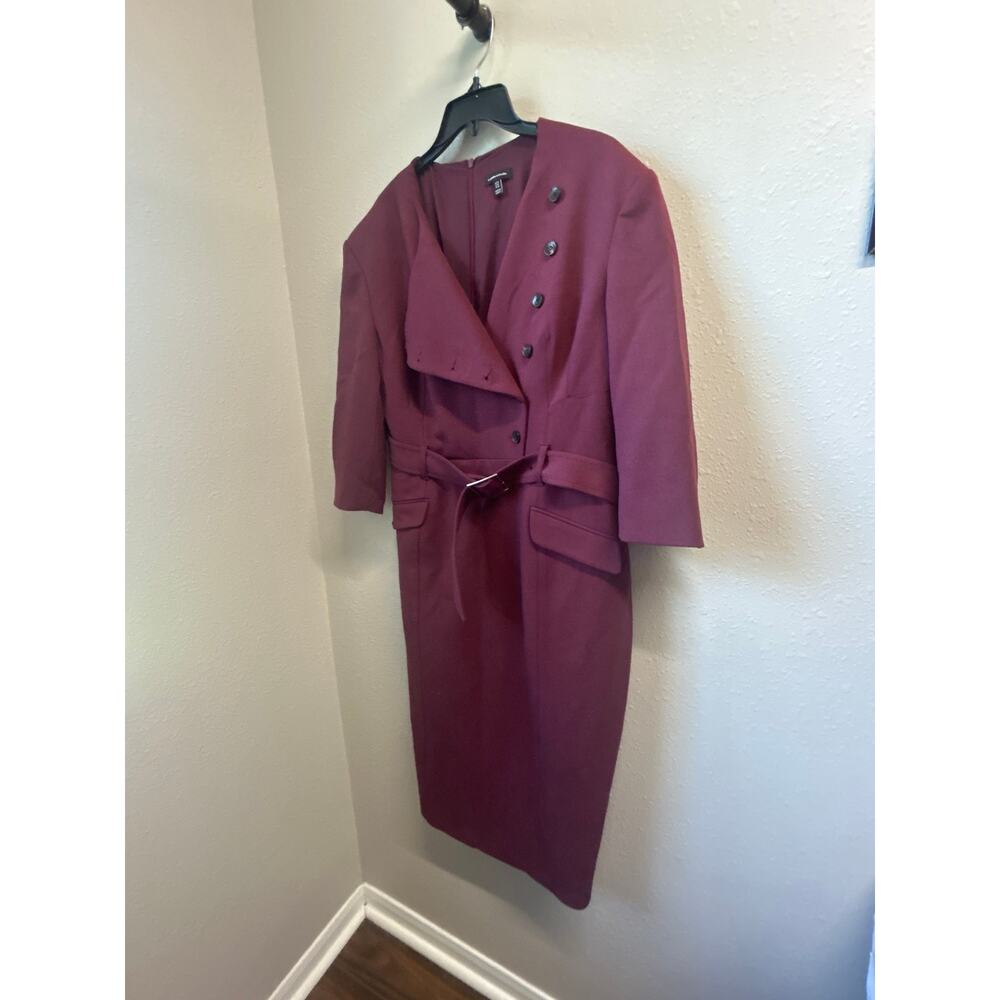 Karen Millen Merlot Structured Crepe Trench Style Dress Sz 18 Belted Long Sleeve